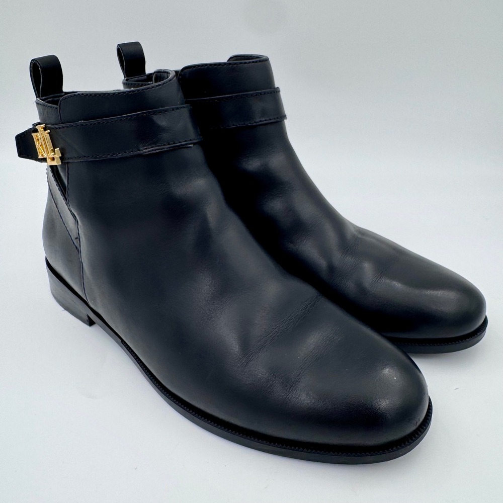 Lauren Ralph Lauren Bonne 9.5B Black Leather Ankle Boots Gold LRL Logo